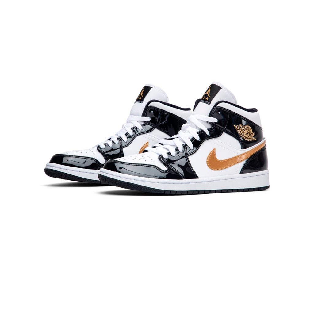 jordan 1 mid patent black white gold footlocker